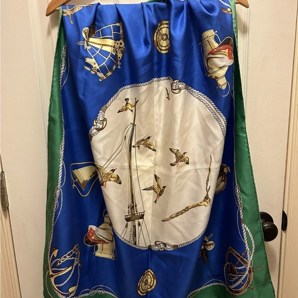 Rodier Paris Silk Scarf with Nautical Print in Blue and Green